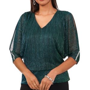 Women's Metallic Blouson Split-Sleeve Blouse
